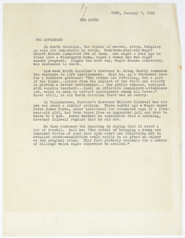 Copy of an Editorial Published by Time Magazine Entitled "Two Governors," January 7, 1946