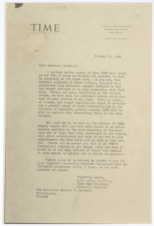 Letter from John Shaw Billings to Governor Millard Caldwell Regarding Retraction Statement, January 21, 1946