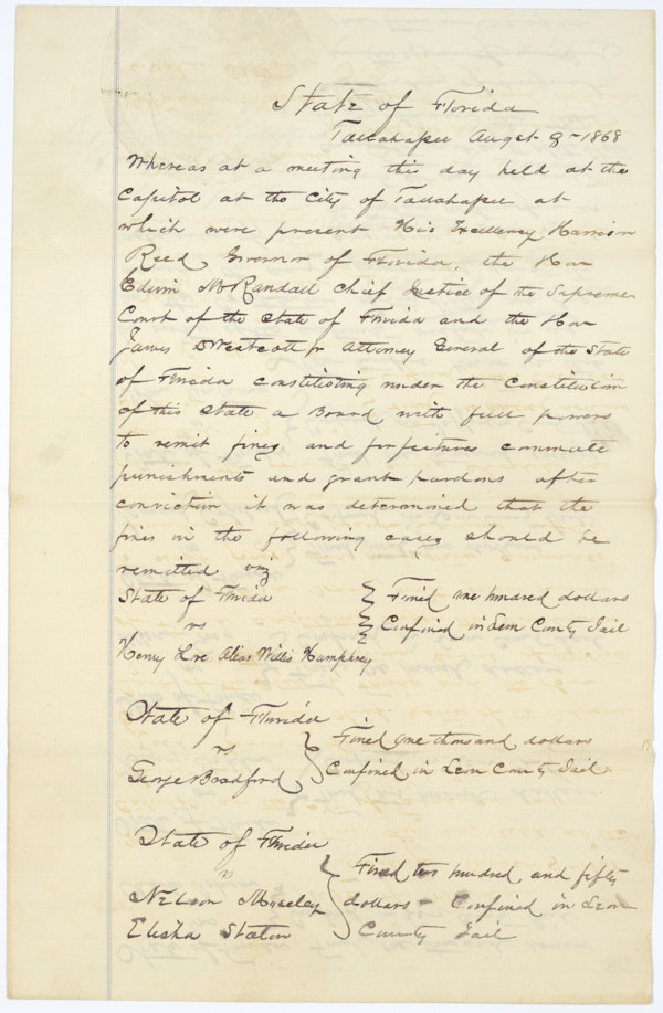 Proclamation by Governor Harrison Reed and Cabinet Members Remitting Fines and Jail Sentences, August 8, 1868