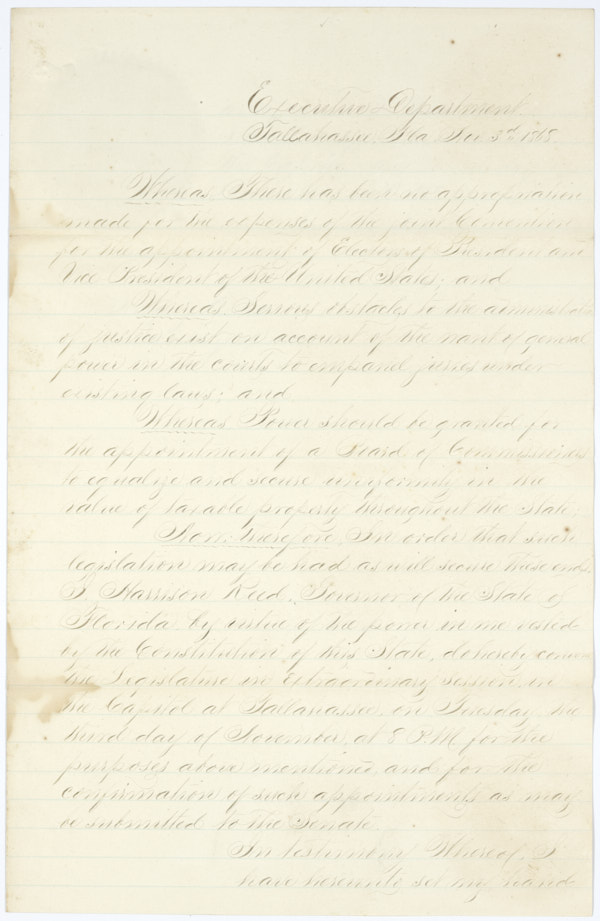 Proclamation by Governor Harrison Reed Calling a Special Session of the Legislature, November 3, 1868