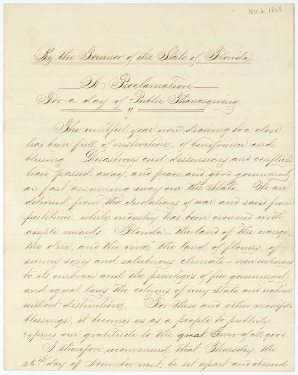 Proclamation by Governor Harrison Reed for a Day of Public Thanksgiving, November 6, 1868