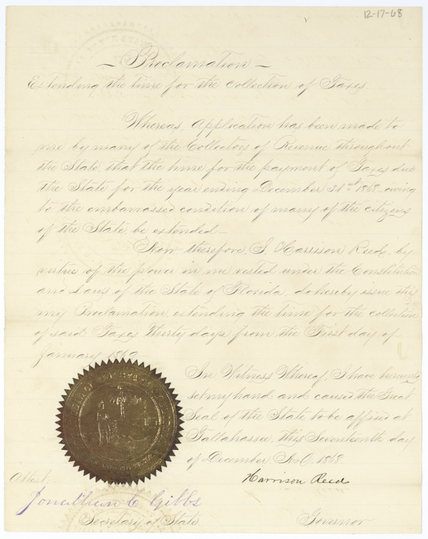 Proclamation by Governor Harrison Reed Extending the Time for Collecting Taxes, December 17, 1868