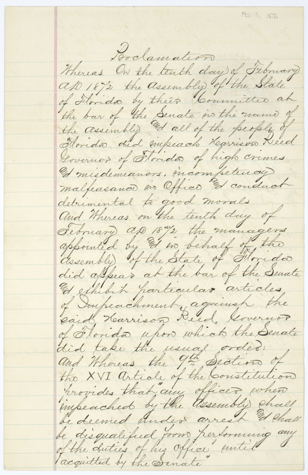 Proclamation by Acting Governor Samuel T. Day Declaring His Authority as a Result of the Impeachment of Governor Harrison Reed, February 10, 1872