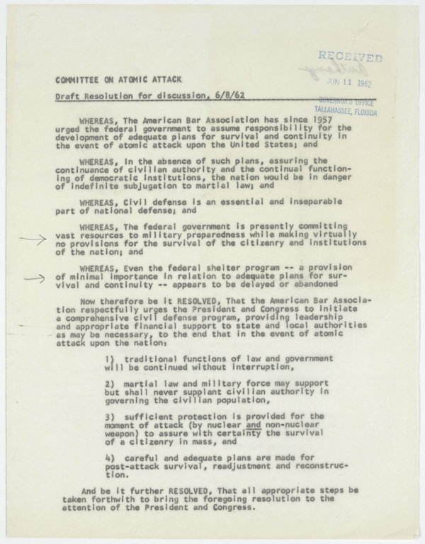 Correspondence Relating to Proposed Recommendations from the American Bar Association's Special Committee on Atomic Attack, June 1962