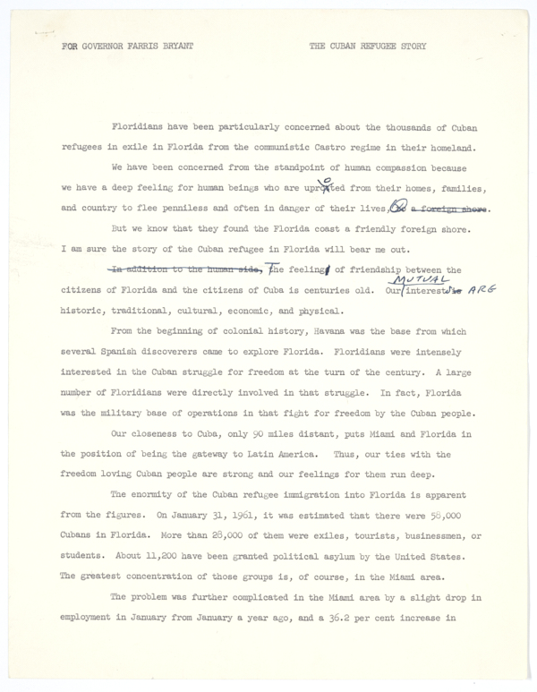 Draft Statement by Governor Farris Bryant Regarding the Cuban Refugee Crisis, 1961