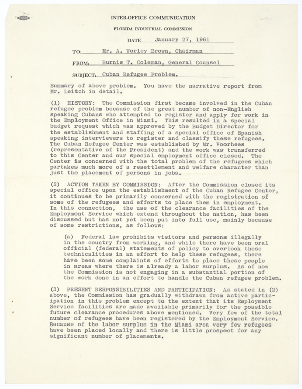 Memorandum from Burnis T. Coleman to A. Worley Brown Regarding Cuban Refugees in Florida, January 27, 1961