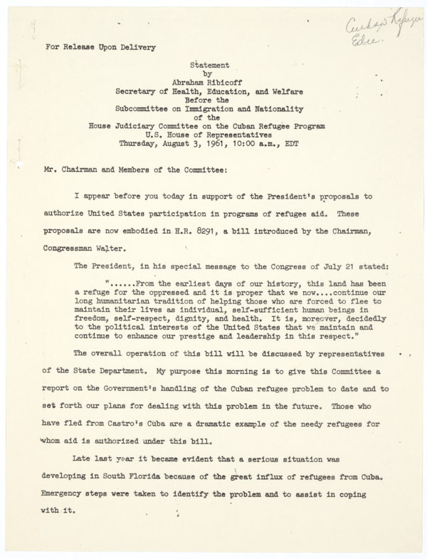 Statement by Abraham Ribicoff Regarding the Cuban Refugee Problem in Florida, August 3, 1961