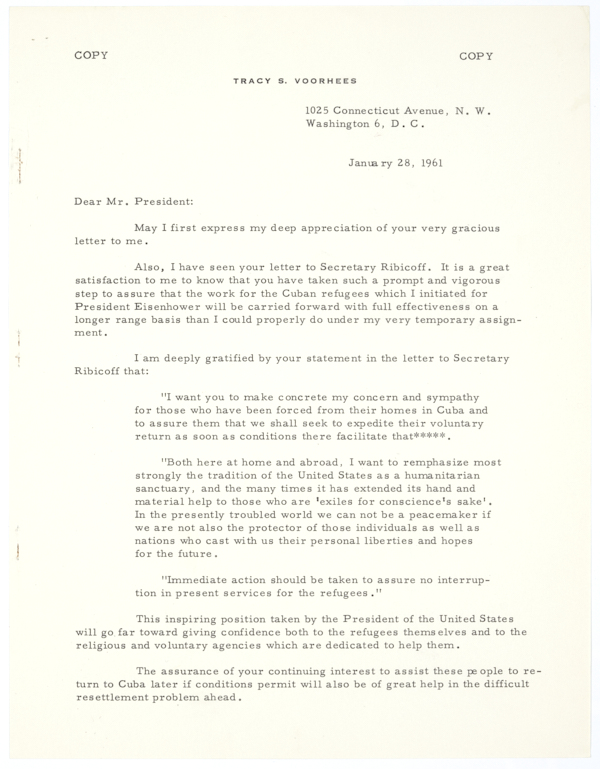 Letter from Tracy S. Voorhees to President John F. Kennedy Regarding Cuban Refugees, January 28, 1961