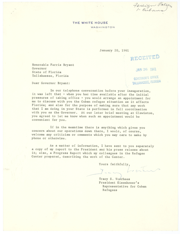 Letter from Tracy S. Voorhees to Governor Farris Bryant Regarding the Cuban Refugee Situation, January 20, 1961