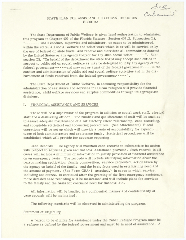 Florida State Plan for Assistance to Cuban Refugees, ca. 1961