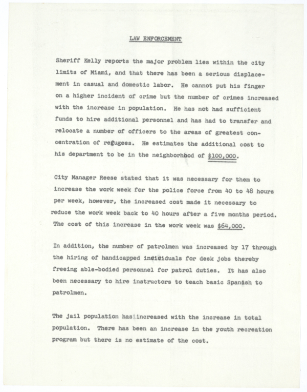 Fragment of a Report Regarding the Cuban Refugee Situation in Dade County, ca. 1961