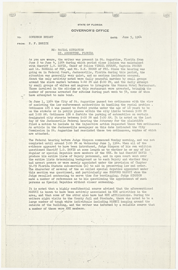 Memorandum from Investigator Elmer F. Emrich to Governor Farris Bryant Regarding Race Relations in St. Augustine, June 5, 1964