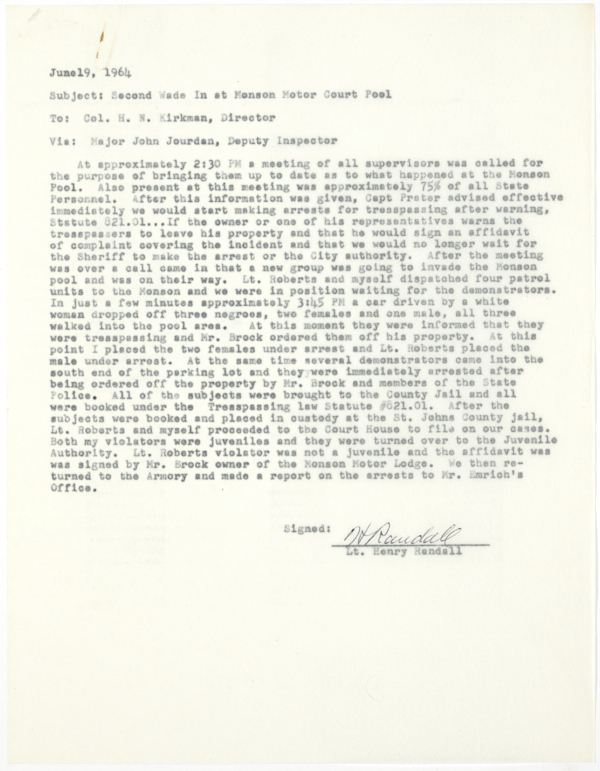 Memorandum from Henry Randall to Henry Neil Kirkman Regarding a Wade-In at the Monson Motor Lodge in St. Augustine, June 19, 1964