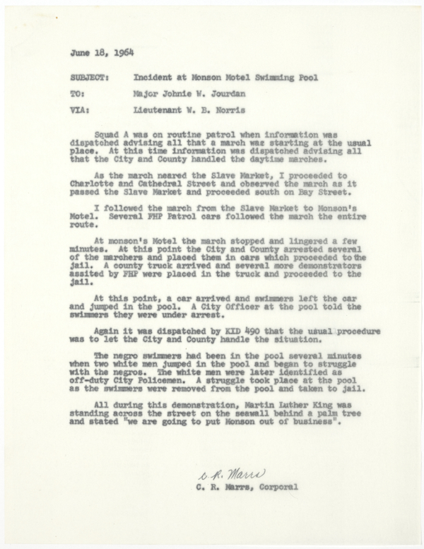 Memorandum from Charles Richard Marrs to J.W. Jourdan Regarding a Civil Rights Demonstration at the Monson Motor Lodge, June 18, 1964