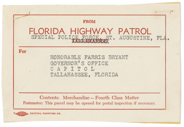 Mailing Label for the Special Police Force Created by Governor Farris Bryant's Executive Order, 1964