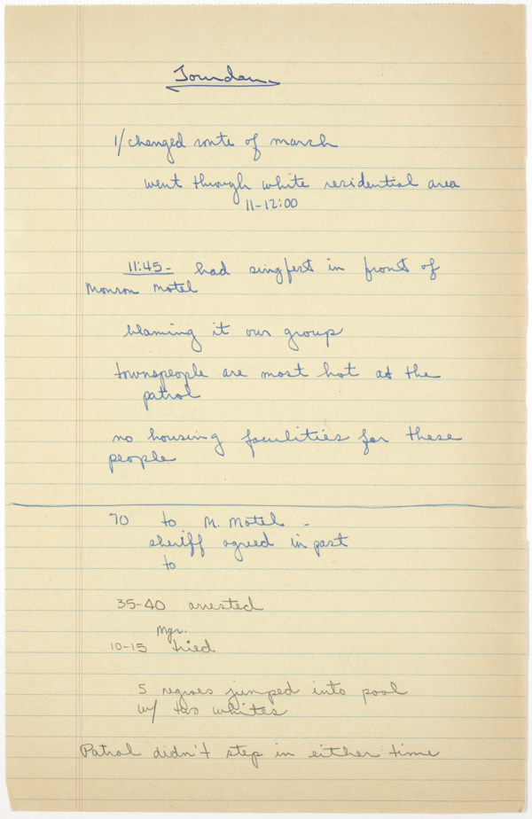 Handwritten Notes on Civil Rights Demonstrations in St. Augustine, 1964