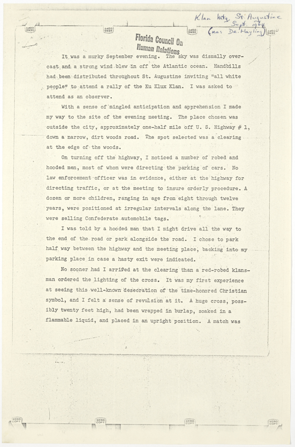 Account of a Meeting of the Ku Klux Klan Near St. Augustine by Rev. Benjamin Irvin Cheney, Jr., 1964