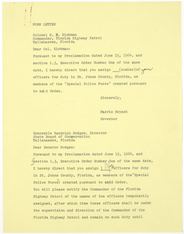 Draft of a Form Letter for Directing Law Enforcement Agencies to Assign Officers to a Special Police Force in St. Augustine, 1964