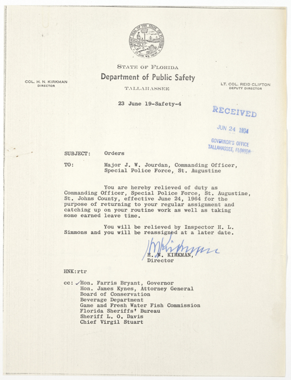 Memorandum from Colonel Henry Neil Kirkman to Major J.W. Jourdan, June 23, 1964