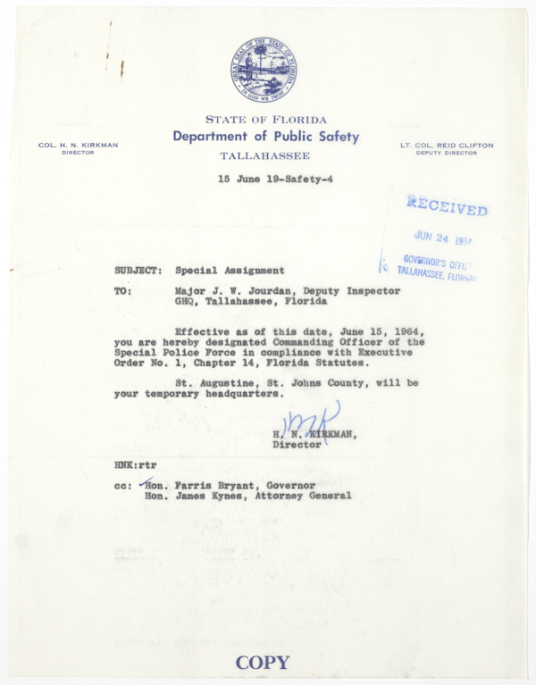 Memorandum from Colonel Henry Neil Kirkman to Major J.W. Jourdan, June 15, 1964
