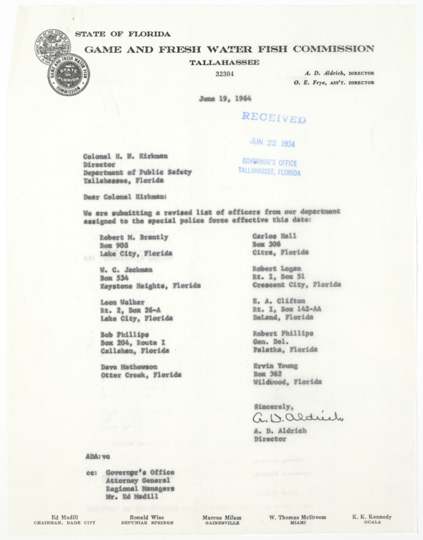 Updated List of Officers from the Florida Game and Fresh Water Fish Commission Assigned to a Special Police Force in St. Augustine, June 19, 1964