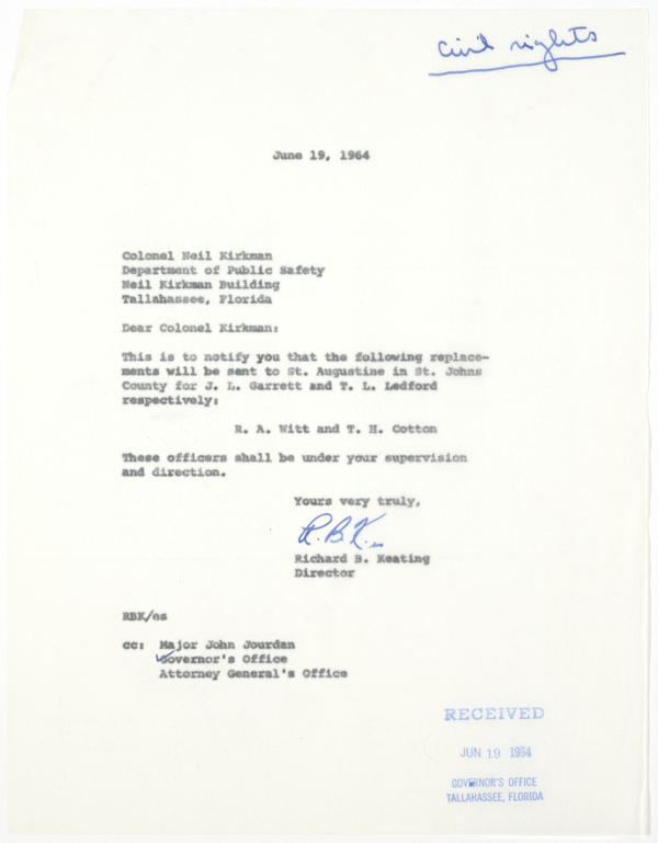 Letter from Richard B. Keating to Colonel Henry Neil Kirkman Regarding State Beverage Department Officers Assigned to a Special Police Force in St. Augustine, June 19, 1964