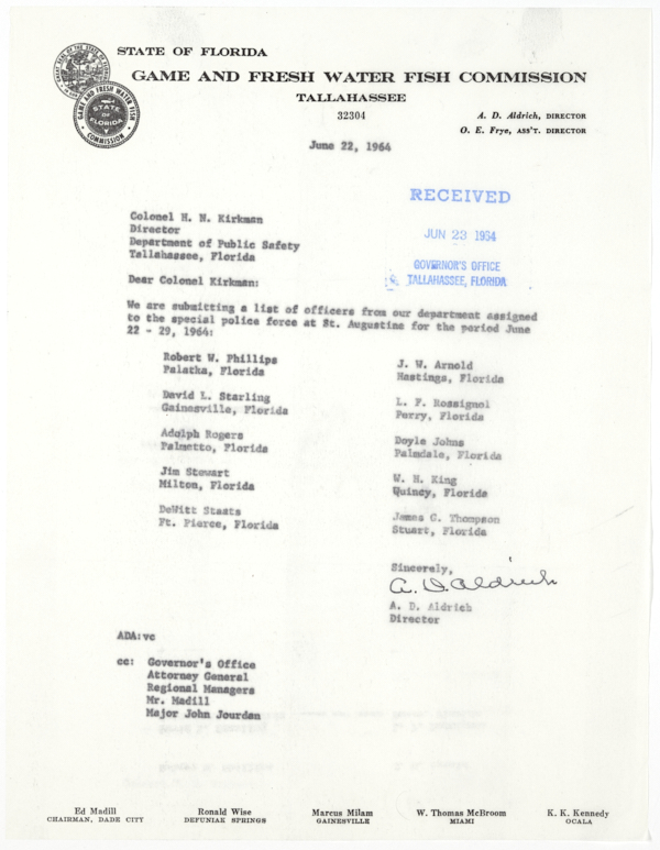 List of Officers from the Florida Game and Fresh Water Fish Commission Assigned to a Special Police Force in St. Augustine, June 22, 1964