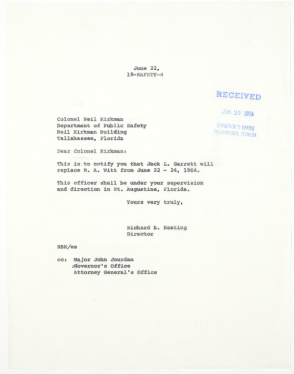 Letter from Richard B. Keating to Colonel Henry Neil Kirkman Regarding State Beverage Department Officers Assigned to a Special Police Force in St. Augustine, June 22, 1964