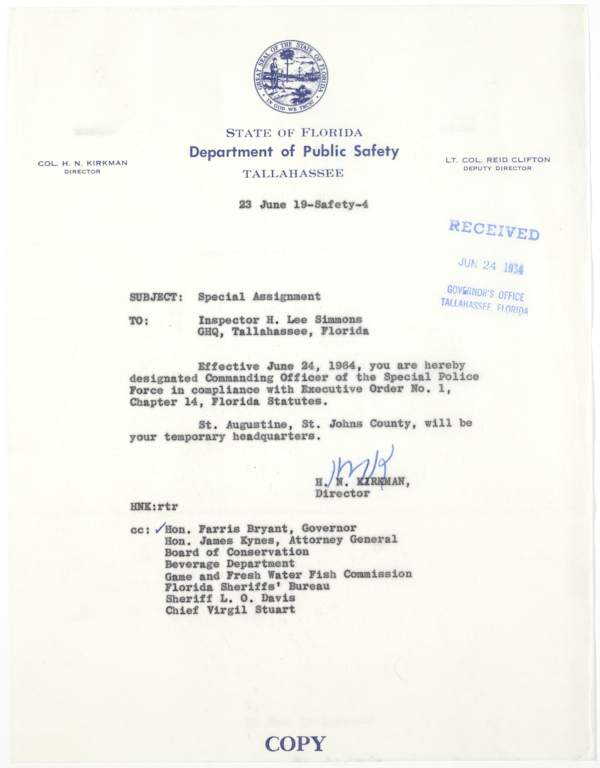 Memorandum from Colonel Henry Neil Kirkman to Inspector Hardy Lee Simmons Regarding a Special Assignment in St. Augustine, June 23, 1964