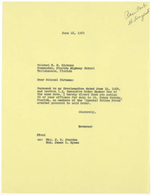 Letter from Governor Farris Bryant to Florida Department of Public Safety Director Henry Neil Kirkman Directing Him to Assign Officers to a Special Police Force in St. Augustine, June 16, 1964