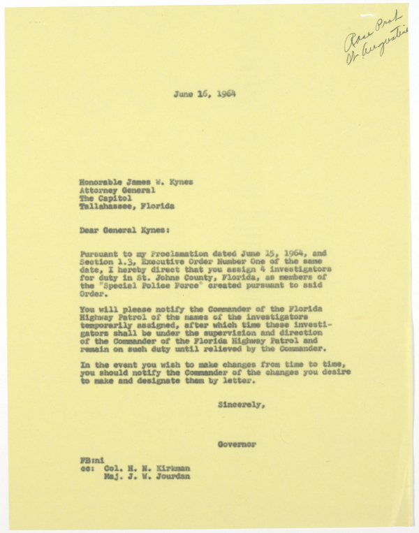 Letter from Governor Farris Bryant to Attorney General James W. Kynes Directing Him to Assign Investigators to a Special Police Force in St. Augustine, June 16, 1964