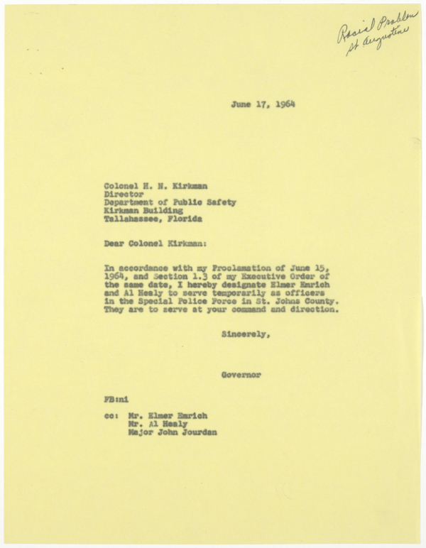 Letter from Governor Farris Bryant to Colonel Henry Neil Kirkman Regarding Officers Assigned to a Special Police Force in St. Augustine, June 17, 1964
