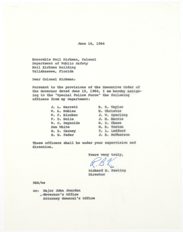 Letter from Richard B. Keating to Colonel Henry Neil Kirkman Regarding State Beverage Department Officers Assigned to a Special Police Force in St. Augustine, June 16, 1964