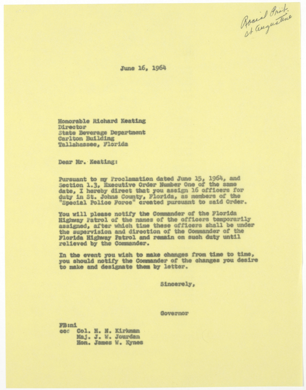 Letter from Governor Farris Bryant to State Beverage Department Director Richard B. Keating Directing Him to Assign Officers to a Special Police Force in St. Augustine, June 16, 1964