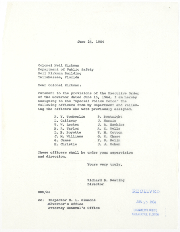 Letter from Richard B. Keating to Colonel Henry Neil Kirkman Regarding State Beverage Department Officers Assigned to a Special Police Force in St. Augustine, June 24, 1964