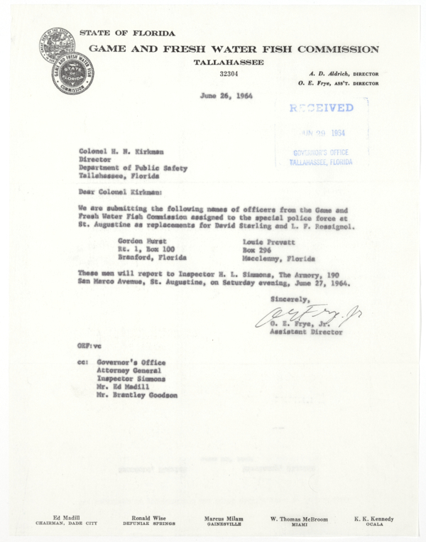 Letter from O.E. Frye to Colonel Henry Neil Kirkman Regarding Officers from the Florida Game and Fresh Water Fish Commission Assigned to a Special Police Force in St. Augustine, June 26, 1964