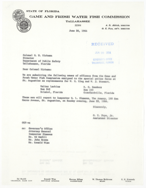 Letter from O.E. Frye to Colonel Henry Neil Kirkman Regarding Officers from the Florida Game and Fresh Water Fish Commission Assigned to a Special Police Force in St. Augustine, June 26, 1964