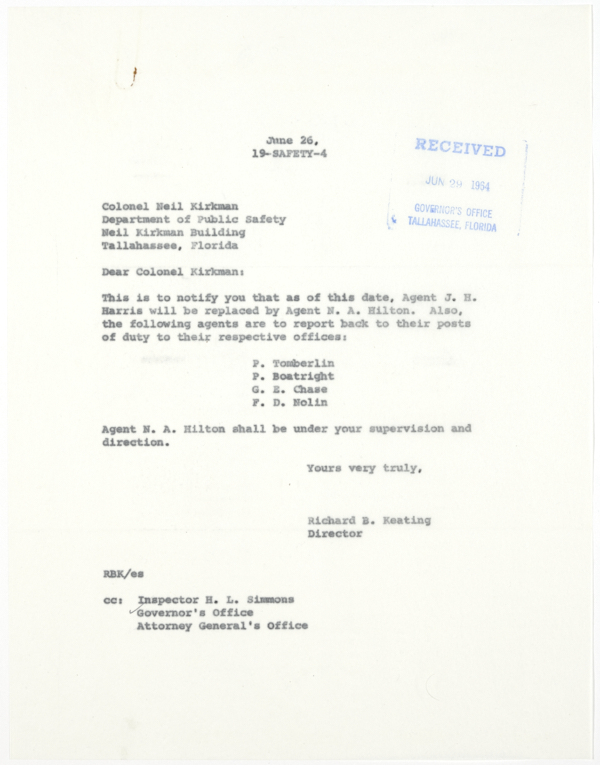 Letter from Richard B. Keating to Colonel Henry Neil Kirkman Regarding State Beverage Department Officers Assigned to a Special Police Force in St. Augustine, June 24, 1964