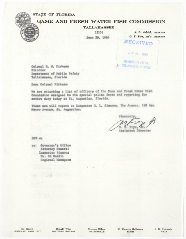 List of Officers from the Florida Game and Fresh Water Fish Commission Assigned to a Special Police Force in St. Augustine, June 26, 1964