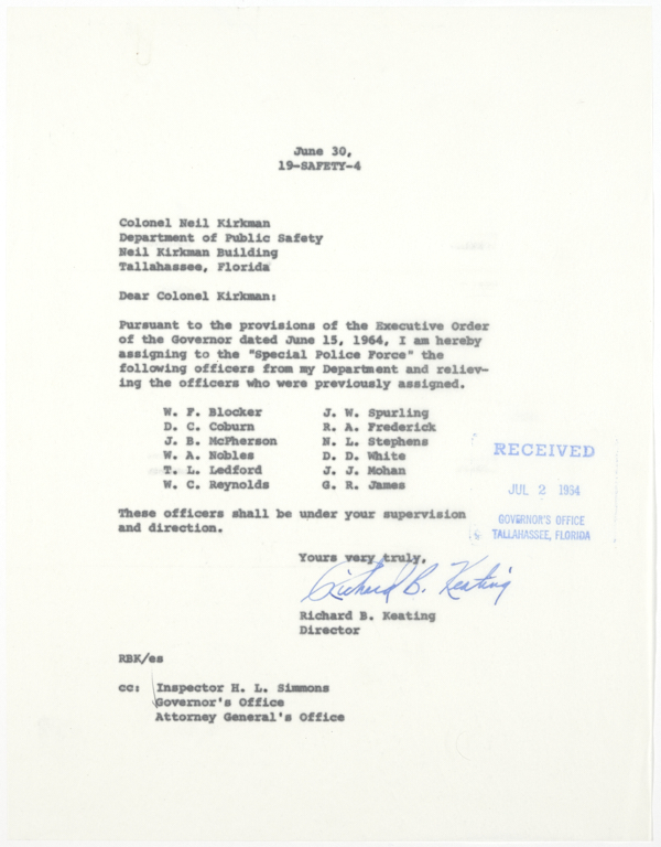List of Officers from the State Beverage Department Assigned to a Special Police Force in St. Augustine, June 30, 1964