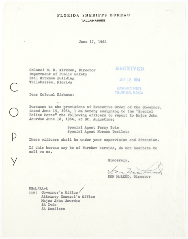 Letter from Don McLeod of the Florida Sheriff's Bureau to Colonel Henry Neil Kirkman Naming Officers to Be Assigned to a Special Police Force in St. Augustine, June 17, 1964