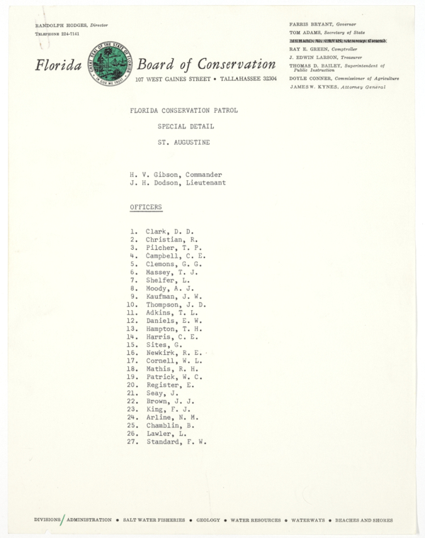 Lists of Law Enforcement Officers from the Florida Board of Conservation Assigned to a Special Police Force in St. Augustine, 1964