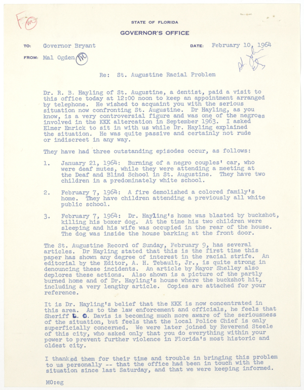 Memorandum from Mal Ogden to Governor Farris Bryant Regarding a Visit from Dr. Richard Hayling, February 10, 1964