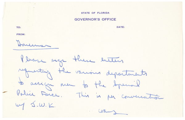 Drafts and Notes for Form Letters to Be Sent to Law Enforcement Officers Who Served on a Special Police Force in St. Augustine, 1964