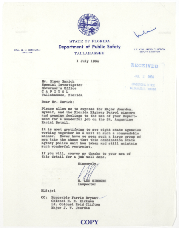 Letter from Inspector H. Lee Simmons of the Highway Patrol to Special Investigator Elmer Emrich of the Governor's Office Regarding Recent Service on a Special Police Force in St. Augustine, July 1, 1964