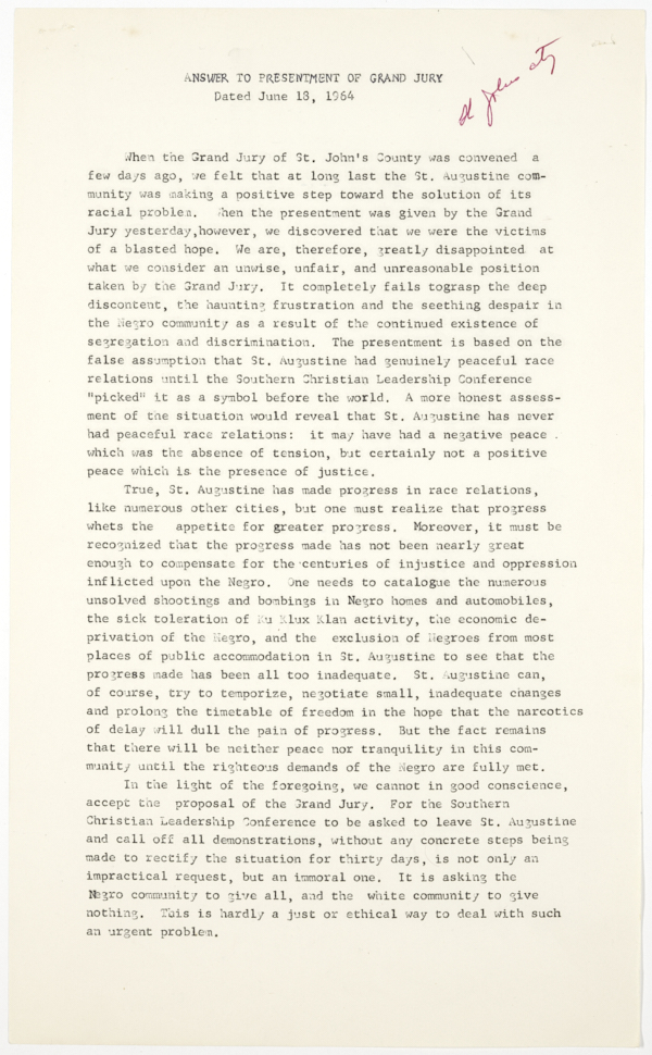 Response of the Southern Christian Leadership Conference to a Presentment by the Grand Jury of St. Johns County, June 19, 1964