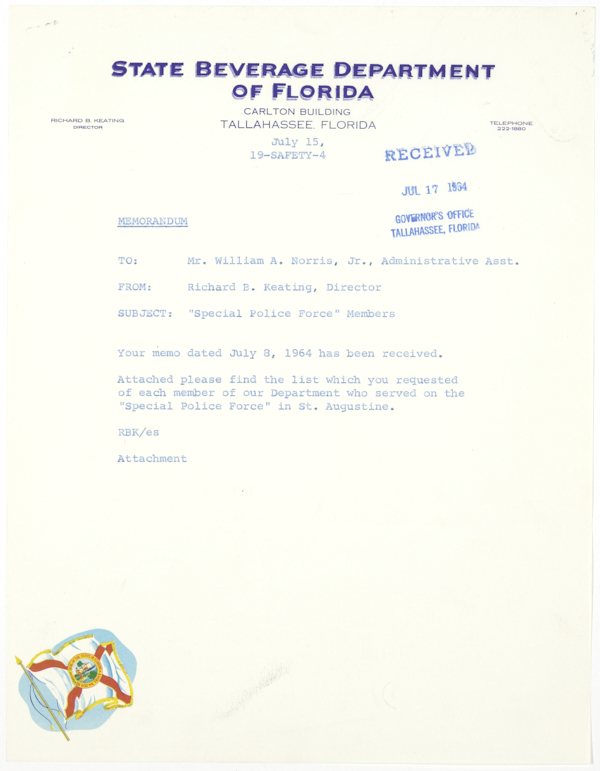 List of State Beverage Department Officers Who Served on a Special Police Force in St. Augustine, July 15, 1964