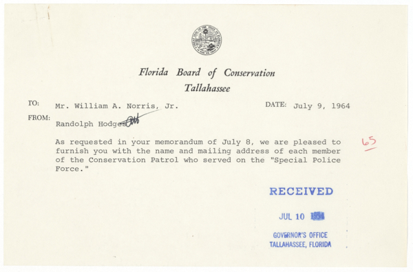 List of Officers from the State Board of Conservation Who Served on a Special Police Force in St. Augustine, July 9, 1964
