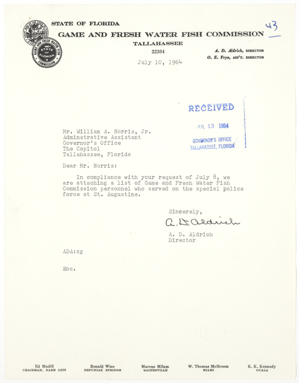 List of Officers from the Florida Game and Fresh Water Fish Commission Who Served on a Special Police Force in St. Augustine, July 10, 1964