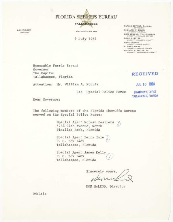 List of Officers from the Florida Sheriff's Bureau Who Served on a Special Police Force in St. Augustine, July 9, 1964